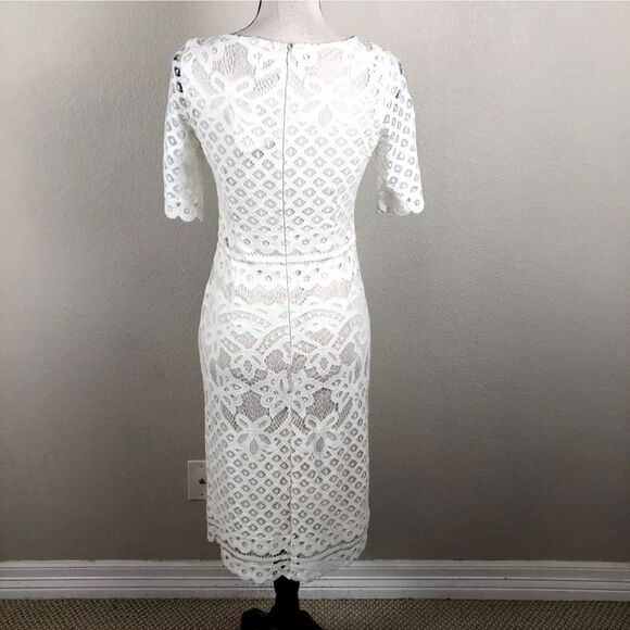 Maia Dress Womens 4 Off White Lace Sheer Lined Pencil Midi Cottagecore Feminine - Picture 2 of 14
